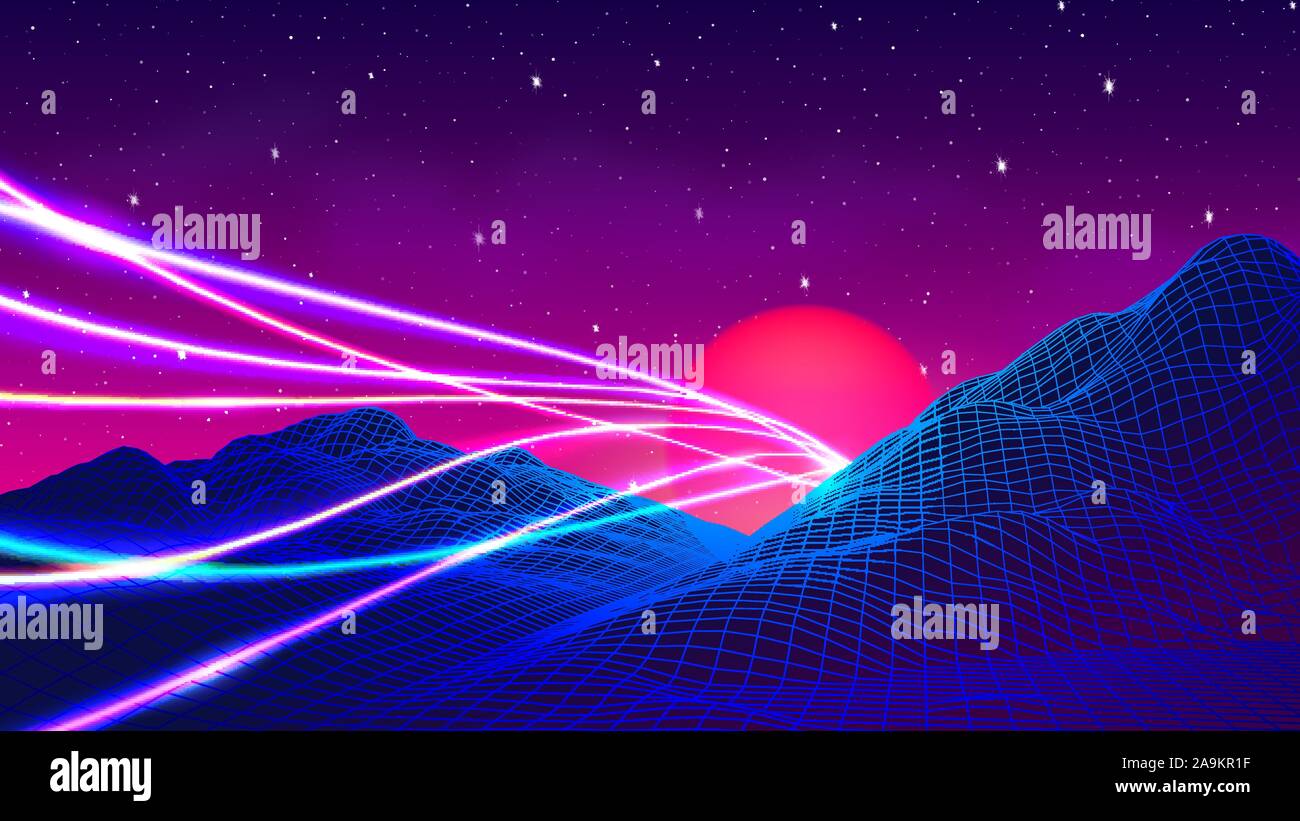 80s synthwave styled landscape with laser neon lines or traces over ...