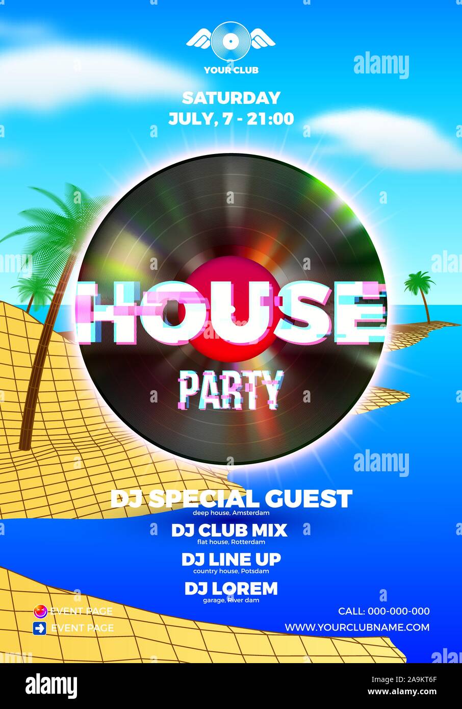 Beach party poster for clubbing dance event with 80s retro or synth wave style and palm trees Stock Vector