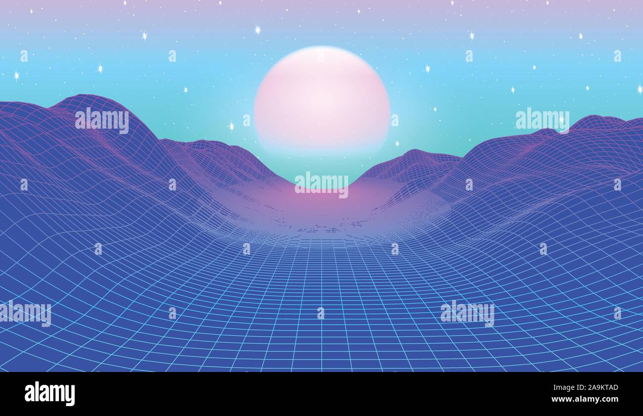 S Synthwave Styled Landscape With Blue Grid Mountains And Sun Over Canyon Stock Vector Image