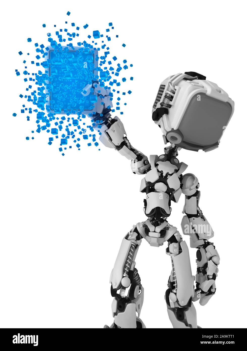 Screen robot figure character pose with data tablet abstract, 3d