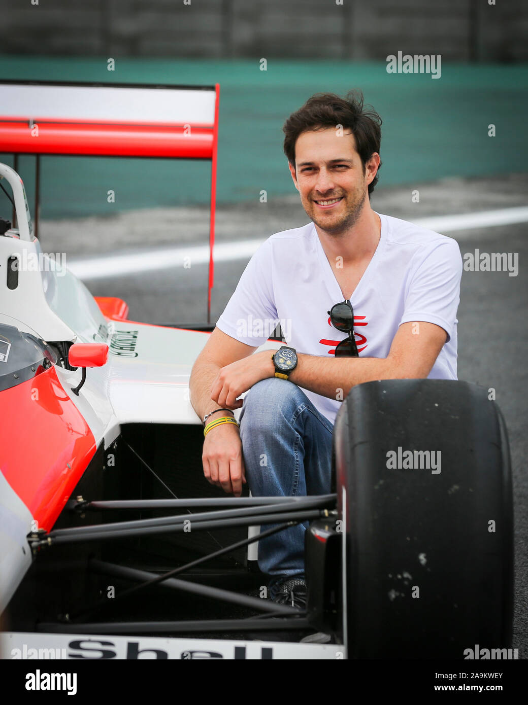 Sao Paulo, Brazil. 14th Nov, 2019. McLaren Racing F1 MP4/4 of 1988 and  SENNA Bruno, portrait during the 2019 Formula One World Championship,  Brazil Grand Prix from November 15 to 17 in