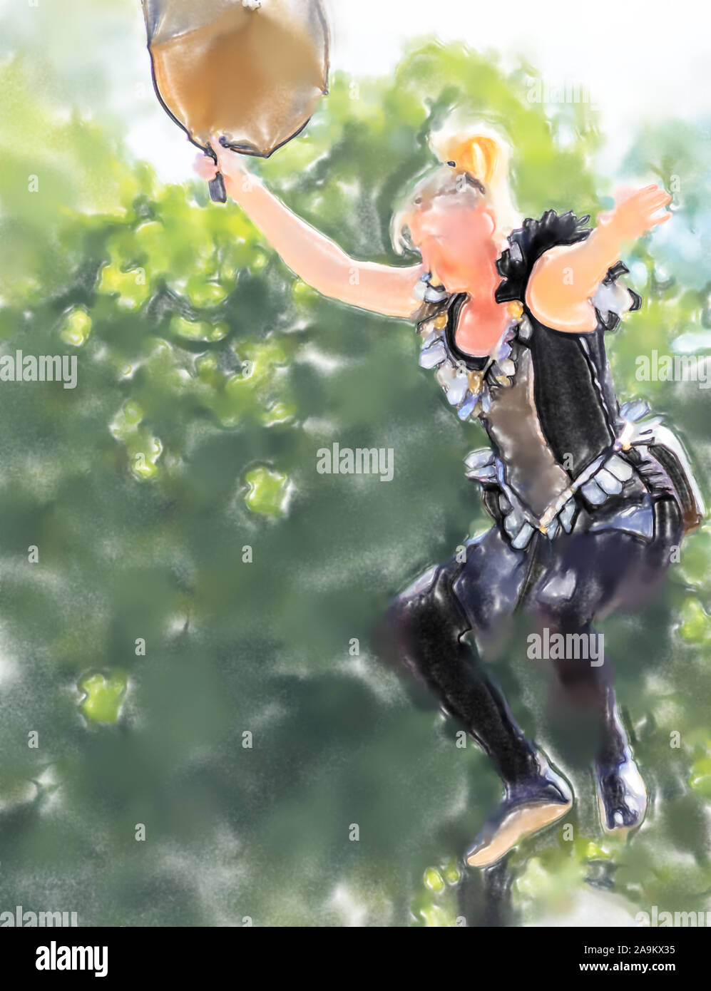 watercolor illustration: Tightrope walker in black dress with a yellow umbrella for balancing at the Maschsee Festival in Hanover Stock Photo