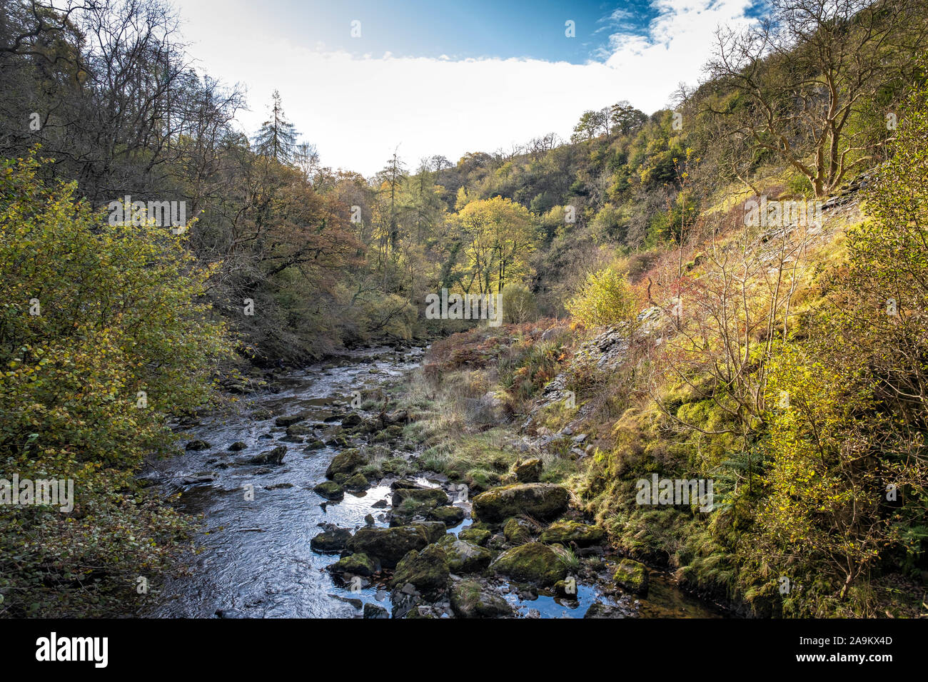 Serene river flowing through a lush, rocky landscape with autumnal ...