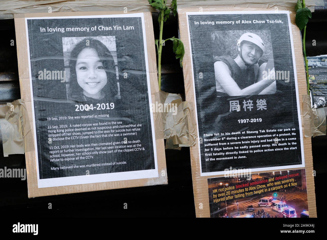 Piccadilly Circus, London, UK. 16th November 2019. The deaths of two  protesters (Chan Yin Lam and Alex Chow Tsz-lok) in Hong Kong are  commemorated at Piccadilly Circus with flowers and candles. Credit: