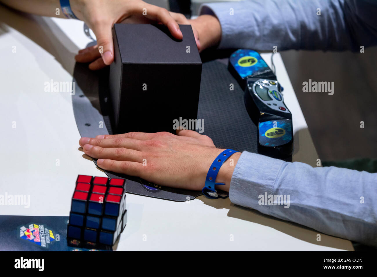 Moscow, Russia. 16th of November, 2019 A young competitor preparing to start solving a Rubik cube puzzle during the Rubik's World Cup Qualifier Russia in Moscow, Russia Stock Photo