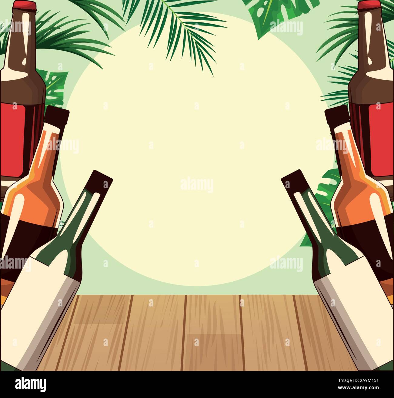 liquor bottles over tropical leaves and retro style background Stock