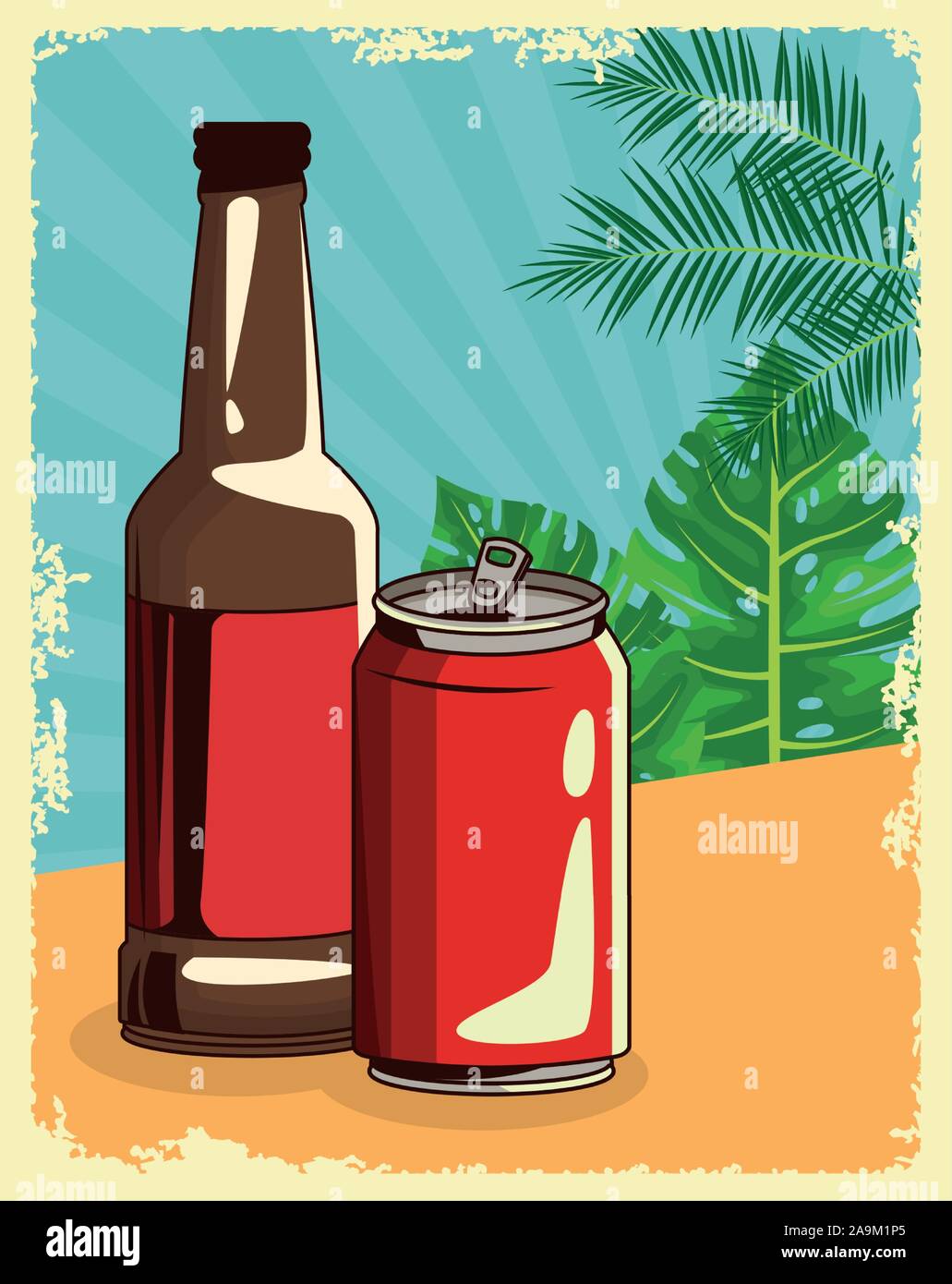 beer bottle and can over retro tropical leaves poster Stock Vector