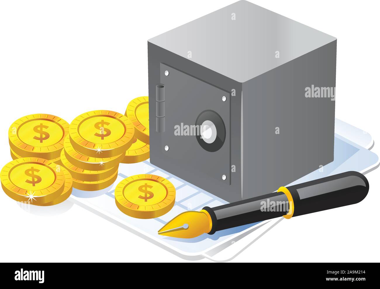 3D Illustration of steel vault, dollar coin and pen. Business and finance icon. Stock Vector