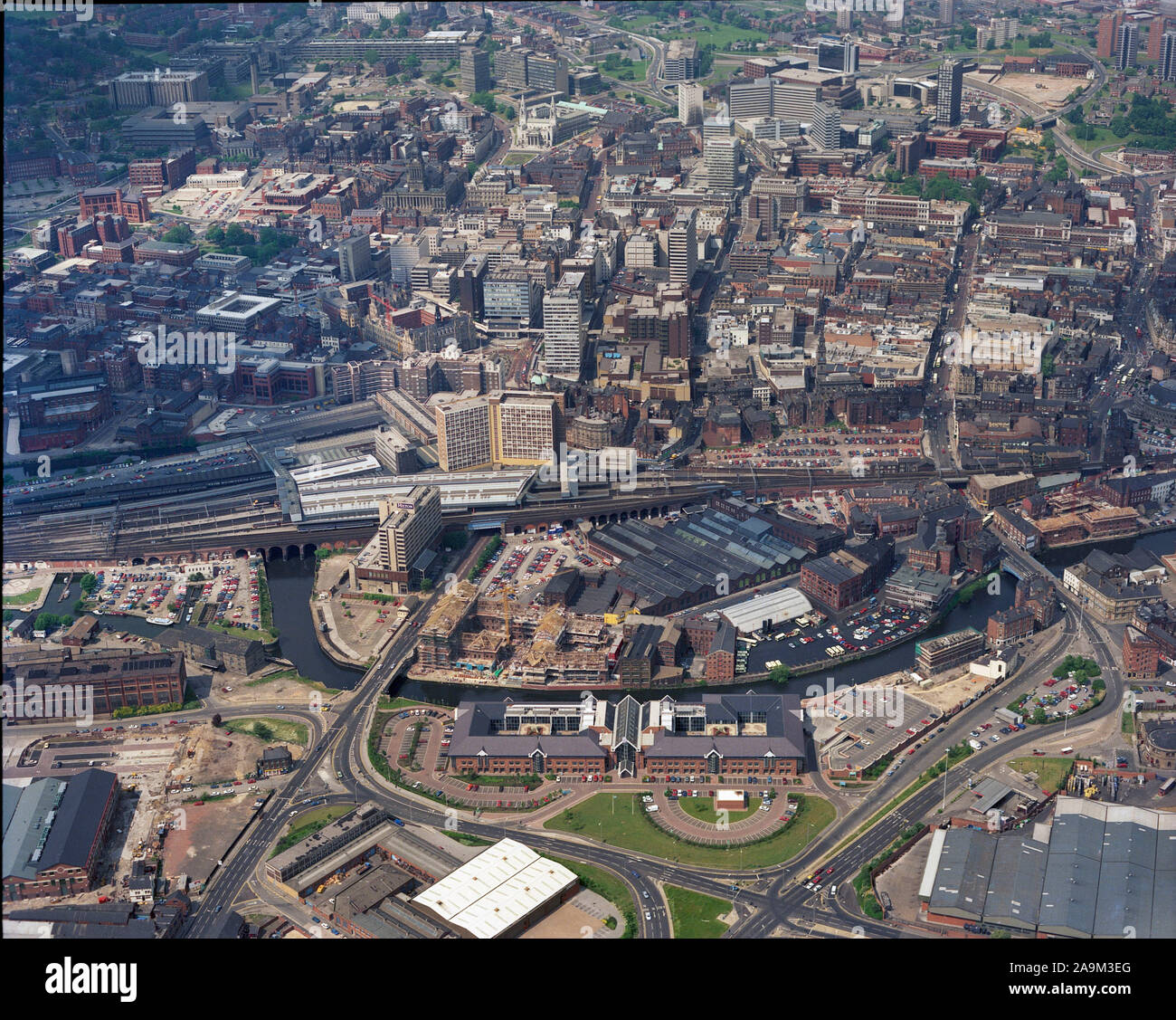 1989 Leeds City centre from the air, West Yorkshire, Northern England ...