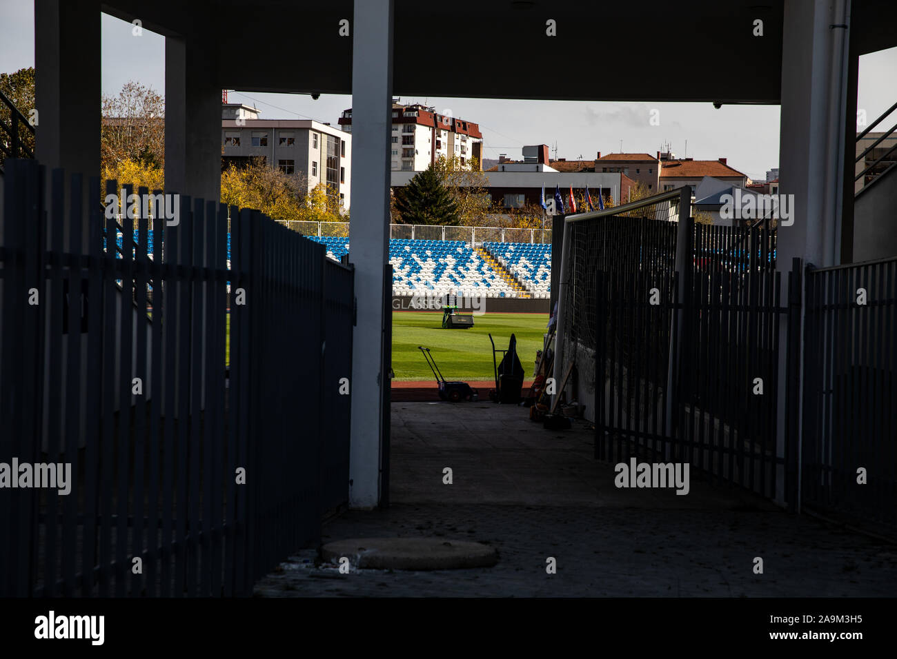 General view of gound staff peparing the pitch at Fadil Vokrri Stadium Pristina, Kosovo. Stock Photo