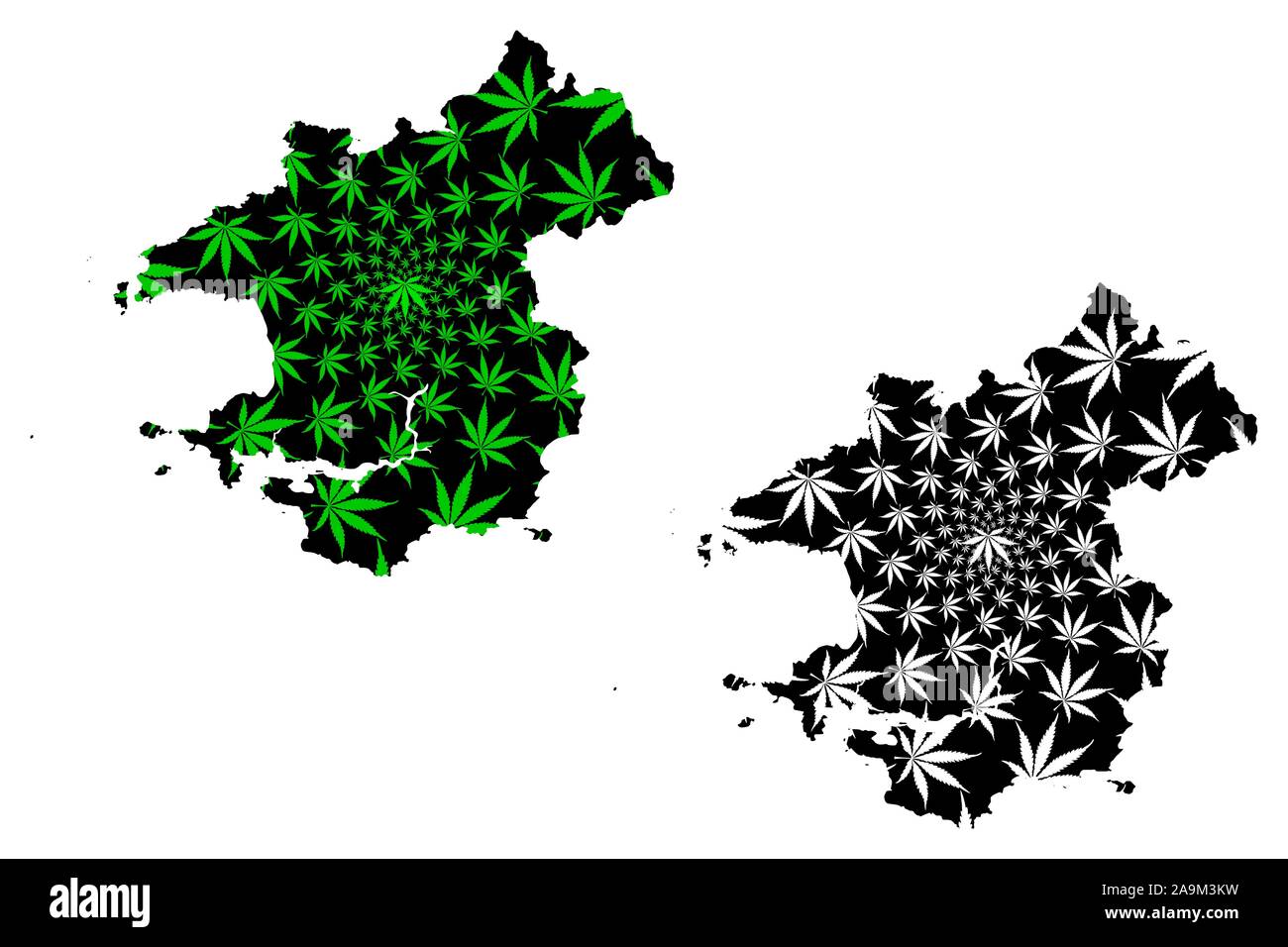 Pembrokeshire (United Kingdom, Wales, Cymru, Principal areas of Wales) map is designed cannabis leaf green and black, Pembrokeshire map made of mariju Stock Vector