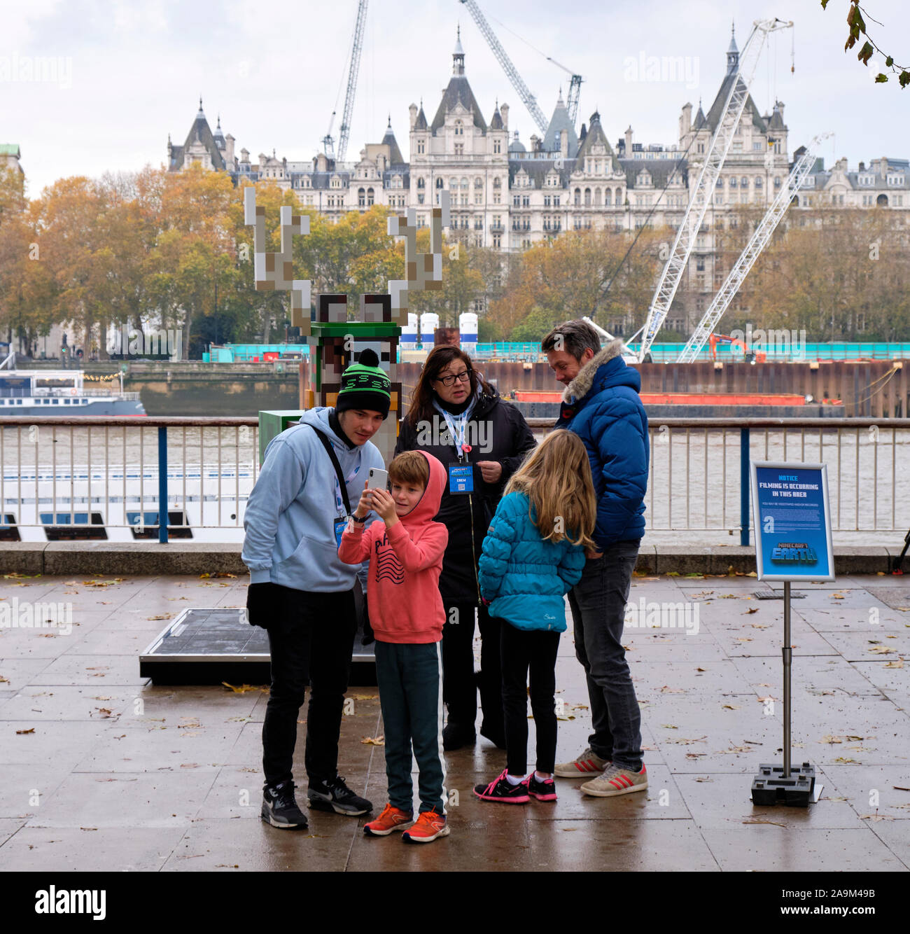 London, UK. 16th November 2019. In Celebration of Minecraft Earth Rollout,  one-of-a-kind, life-sized statues of interactive mobs popping up in London.  The statues are life-sized creations of the Muddy Pig, Moobloom and