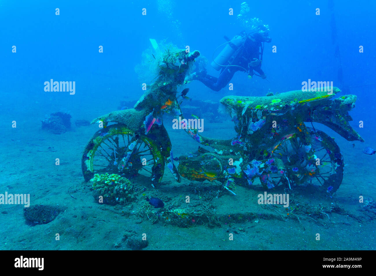 A scooter placed in an artificial coral reef in Bali (Indonesia) Stock Photo