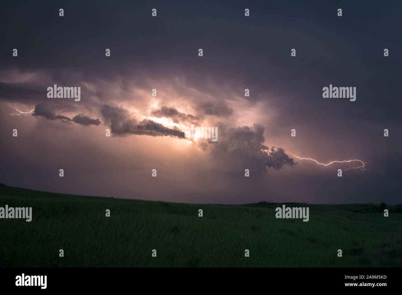 Lightning flashes from cloud to cloud in a supercell thunderstorm over