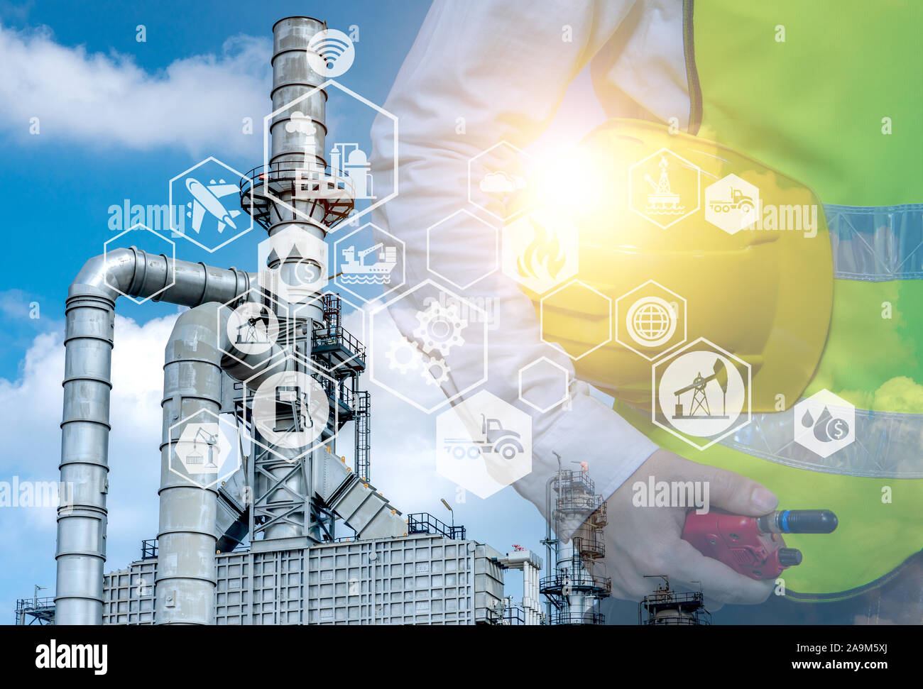 Double exposure of engineer holding walkie talkie are working orders the oil and gas refinery plant. Industry petrochemical concept image and icon con Stock Photo