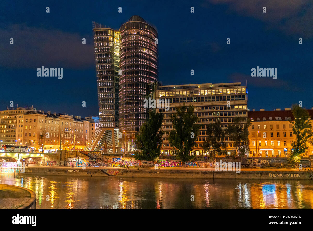 The Danube Canal in Vienna at Night, Vienna, Austria Stock Photo