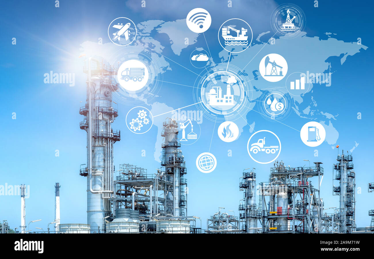 Double exposure of Industry oil and gas refinery concept. Stock Photo