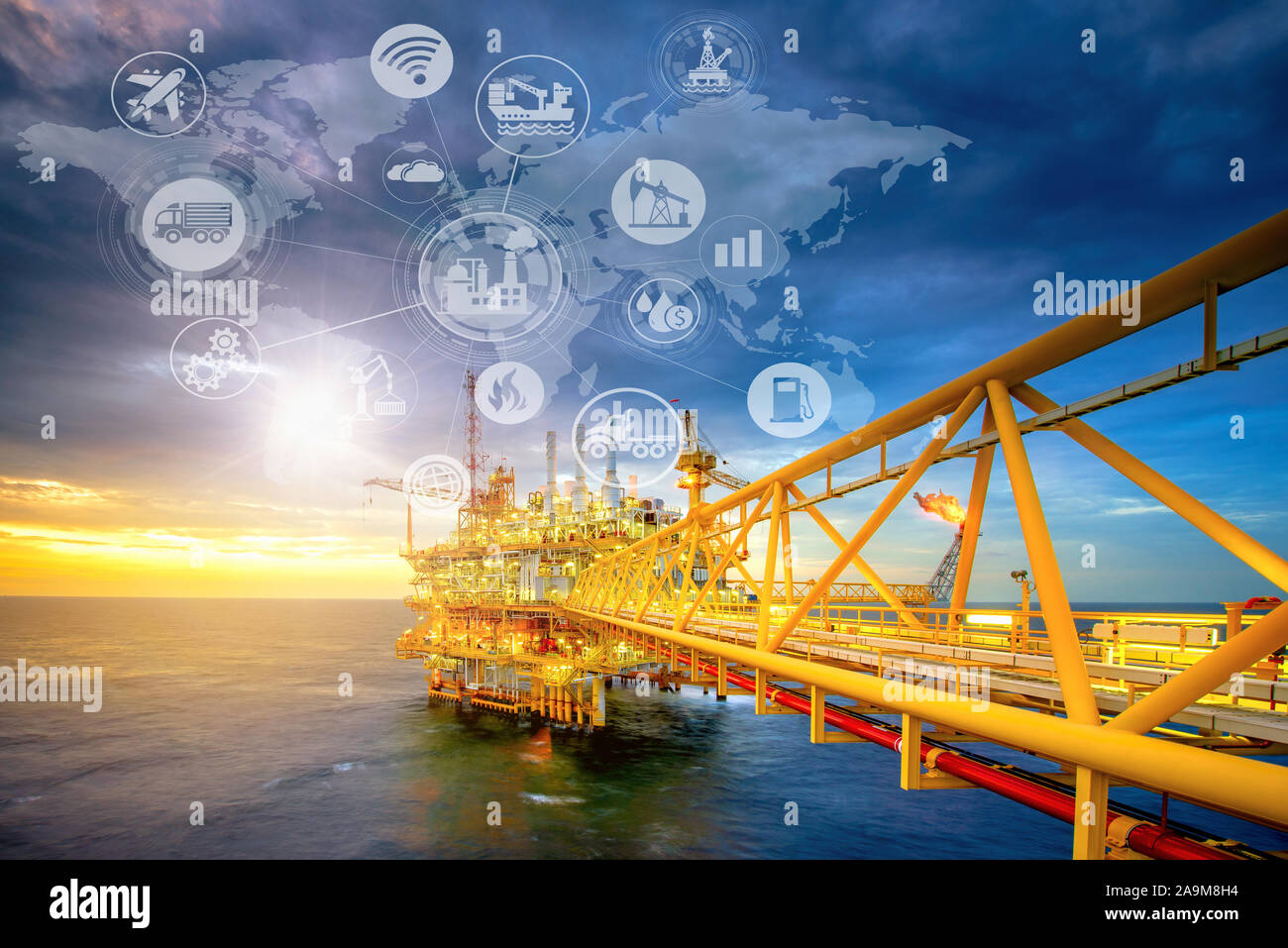 Double exposure of offshore oil rig platform industry concept Stock Photo