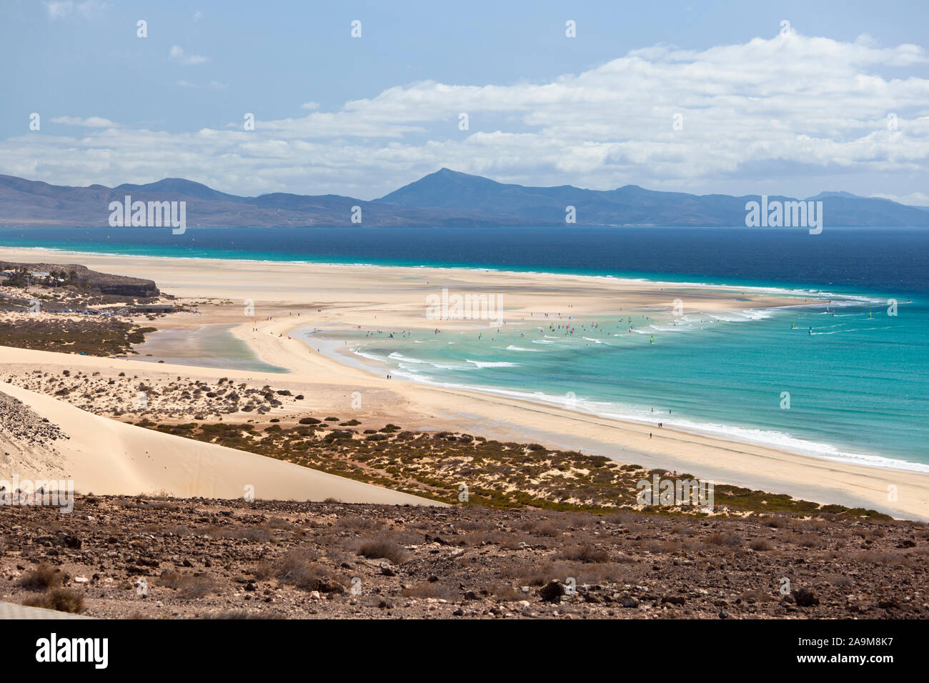 Beach and and the famous lagoon at low tide at Playas De Sotavento near Risco El Paso. Stock Photo