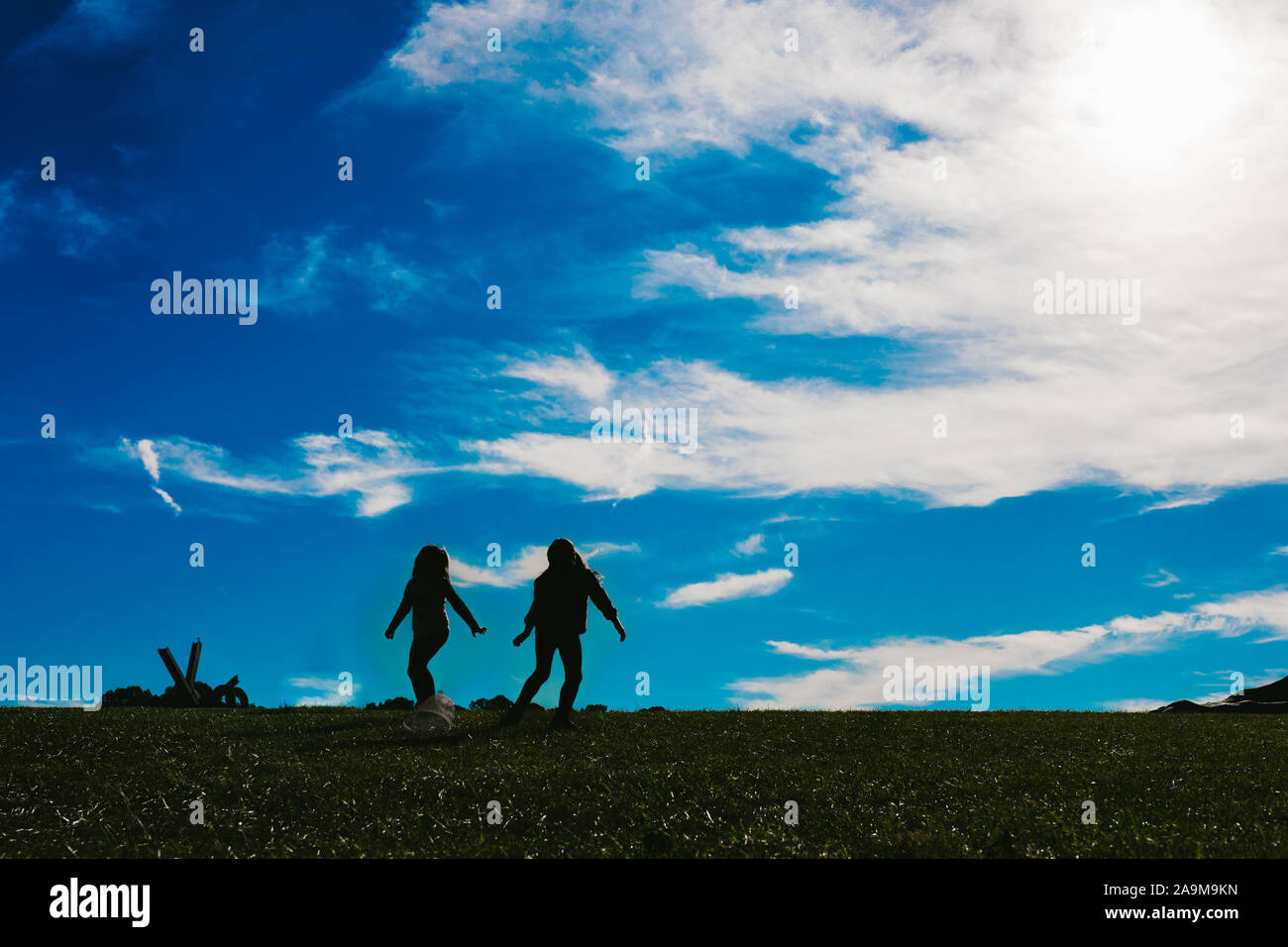 Girls playing in the leaves outdoors on a bright autumn day Stock Photo