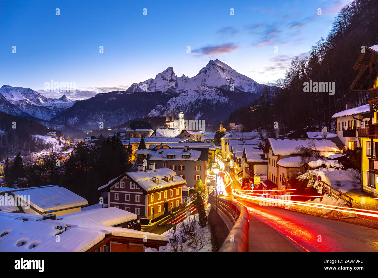 Historic town of Berchtesgaden with famous Watzmann mountain in the background, National park Berchtesgadener, Upper Bavaria, Germany Stock Photo
