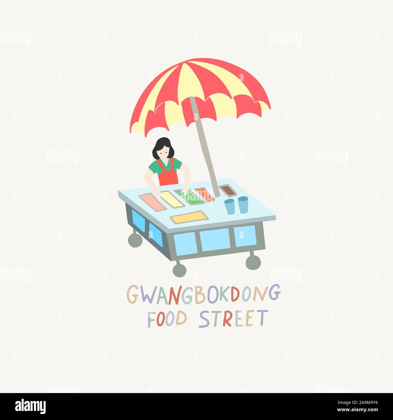 doodle flat vector illustration of gwangbokdong food street - famous