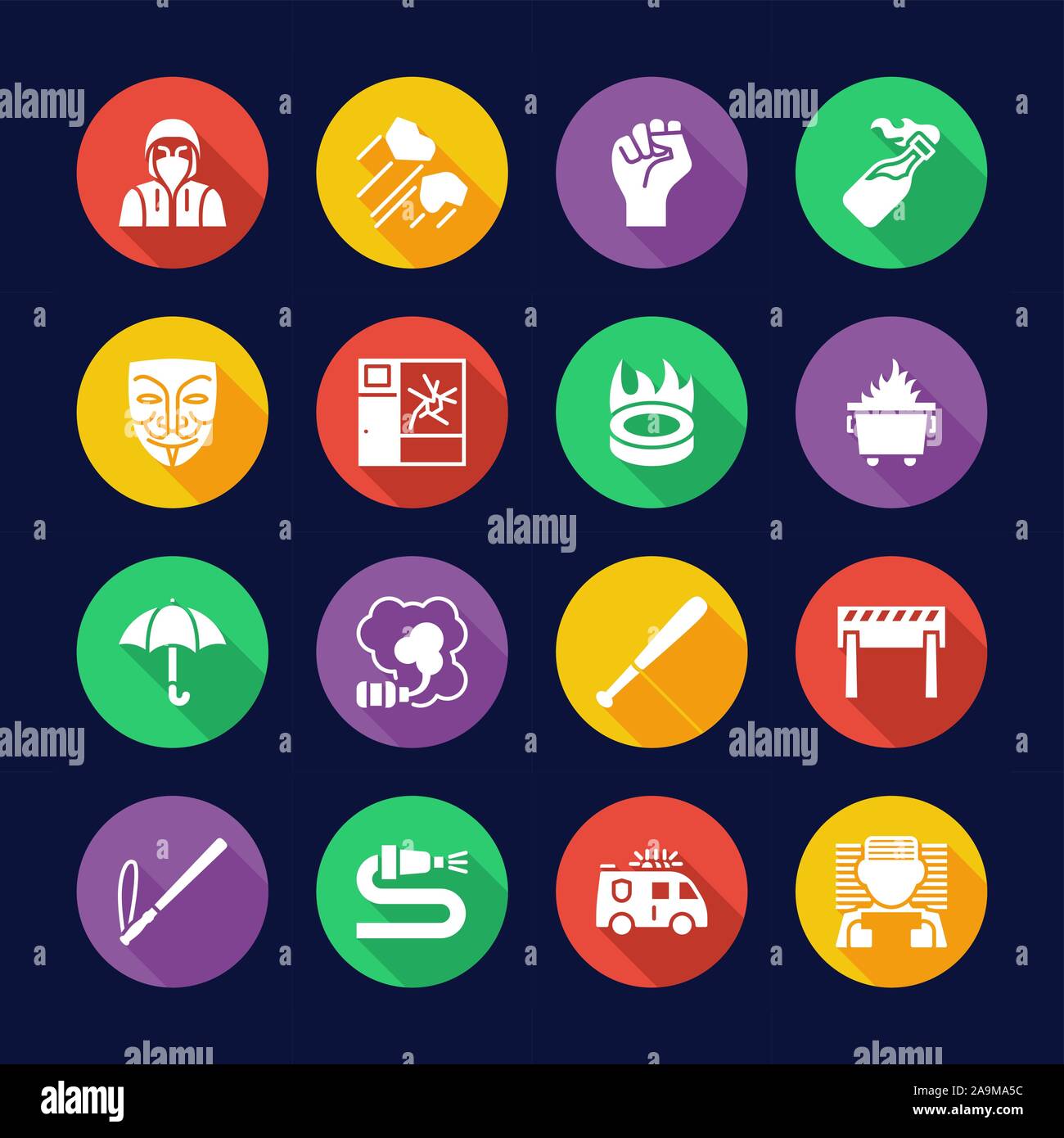 Violent Demonstration Icons Flat Design Circle Set Stock Vector