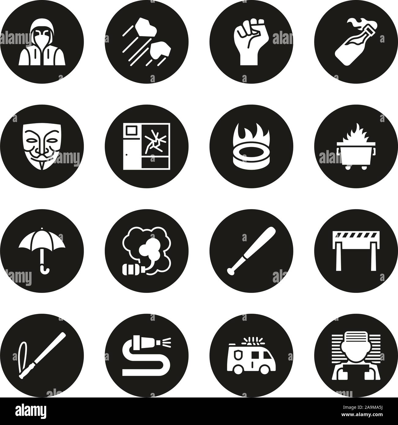 Violent Demonstration Icons White On Black Circle Set Stock Vector