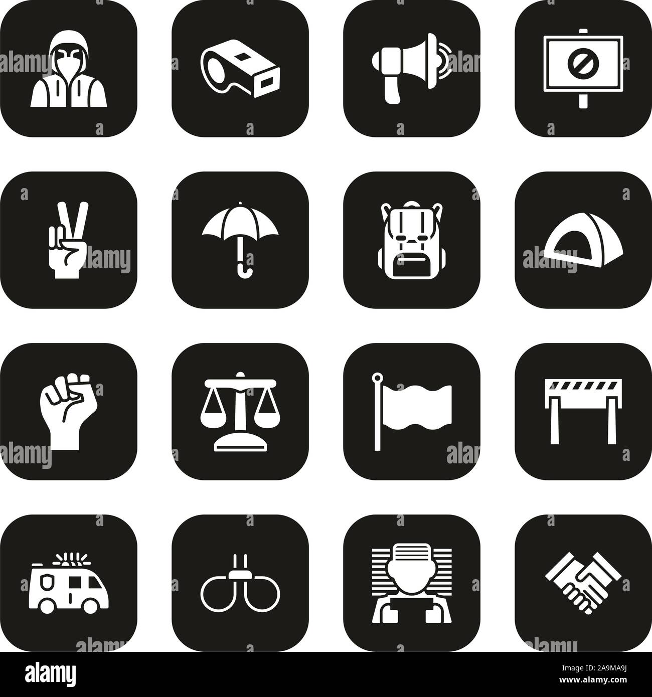 Peaceful Demonstration Icons White On Black Set Stock Vector