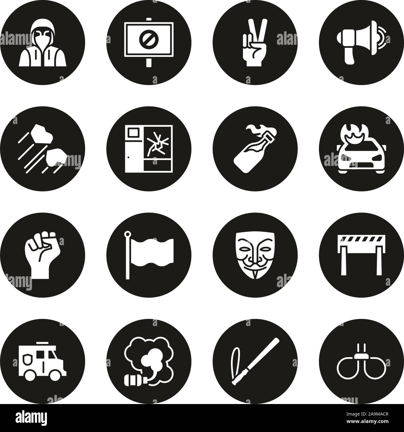 Demonstration or Protest Icons White On Black Circle Set Stock Vector
