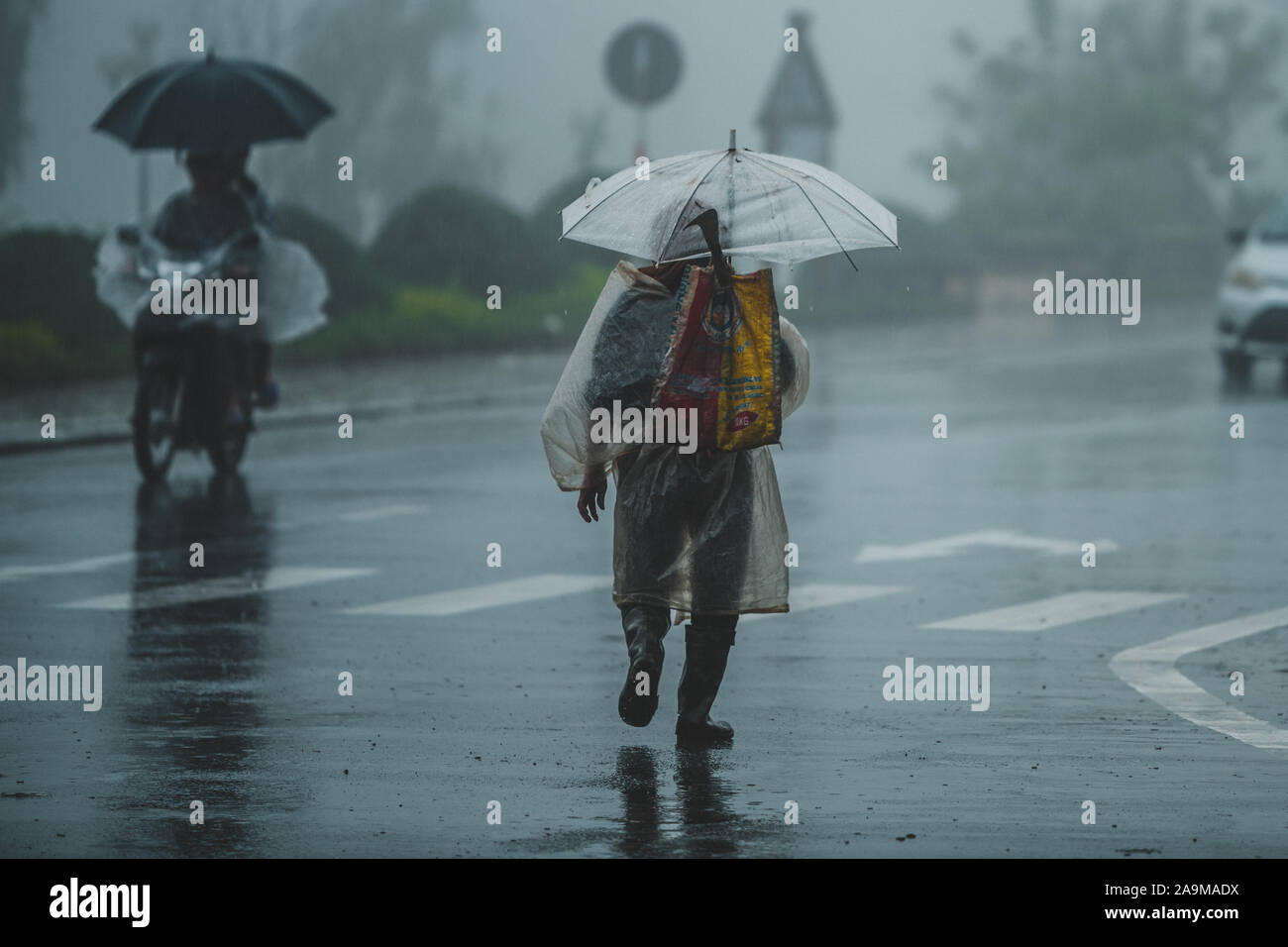 Sapa, Vietnam - 13th October 2019: An old Asian man under an umbrella walks away from the camera in the pouring rain in the small town of Sapa Stock Photo