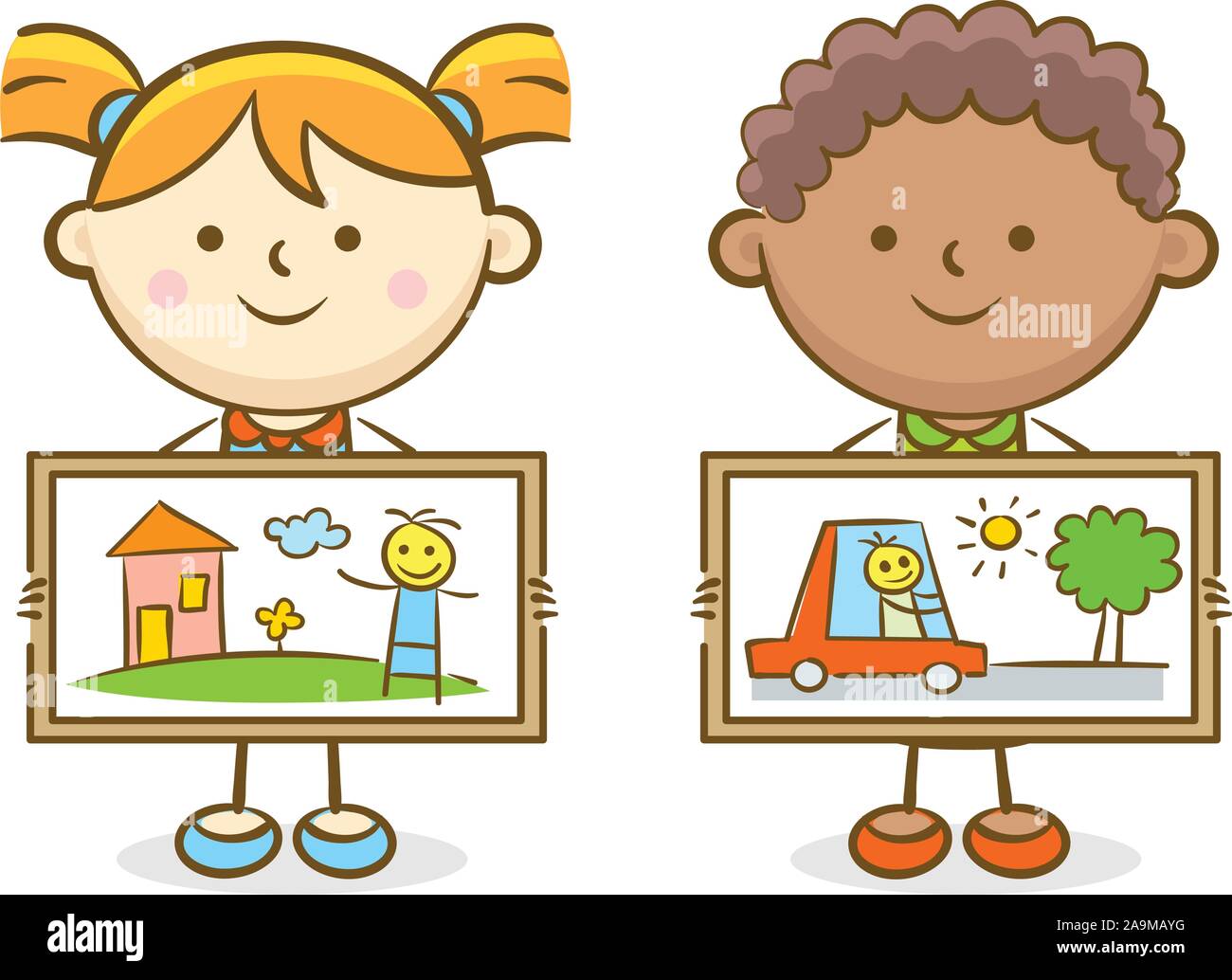 https://c8.alamy.com/comp/2A9MAYG/doodle-kid-illustration-boy-and-girl-showing-their-painting-on-canvas-2A9MAYG.jpg