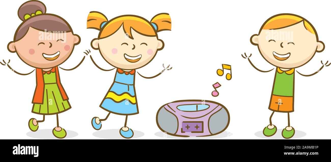 Doodle kid illustration: Kids listening to a music and dancing Stock ...