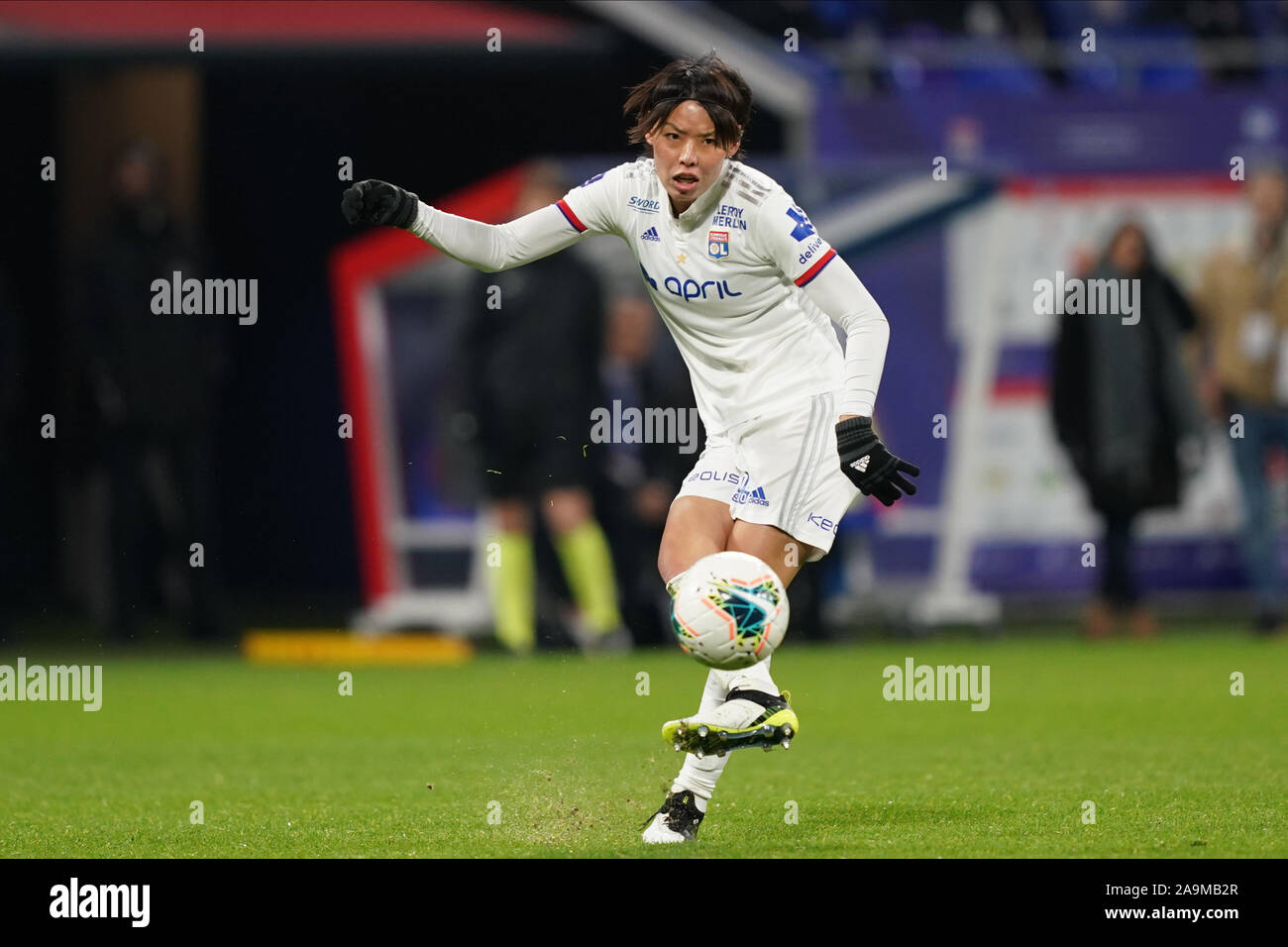 LYON, FRANCE - NOVEMBER 16: Saki Kumagai of Olympique Lyonnais shoots the ball during the Division 1 Féminine football match between Olympique Lyonnais and Paris St. Germain at Groupama Stadium on November 16, 2019 in Lyon, France (Photo by Daniela Porcelli/SPP) Stock Photo