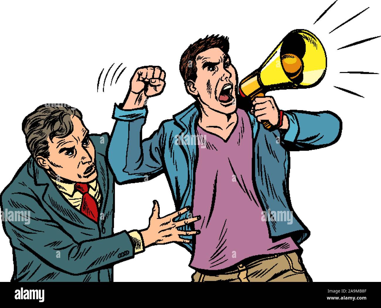 scared man in the street calms a protester with a megaphone Stock Vector