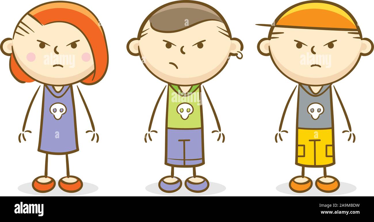 Doodle kid illustration: bad kids standing and looking with anger Stock Vector