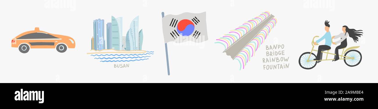 set of doodle flat vector illustration sights and attractions of south korea Stock Vector