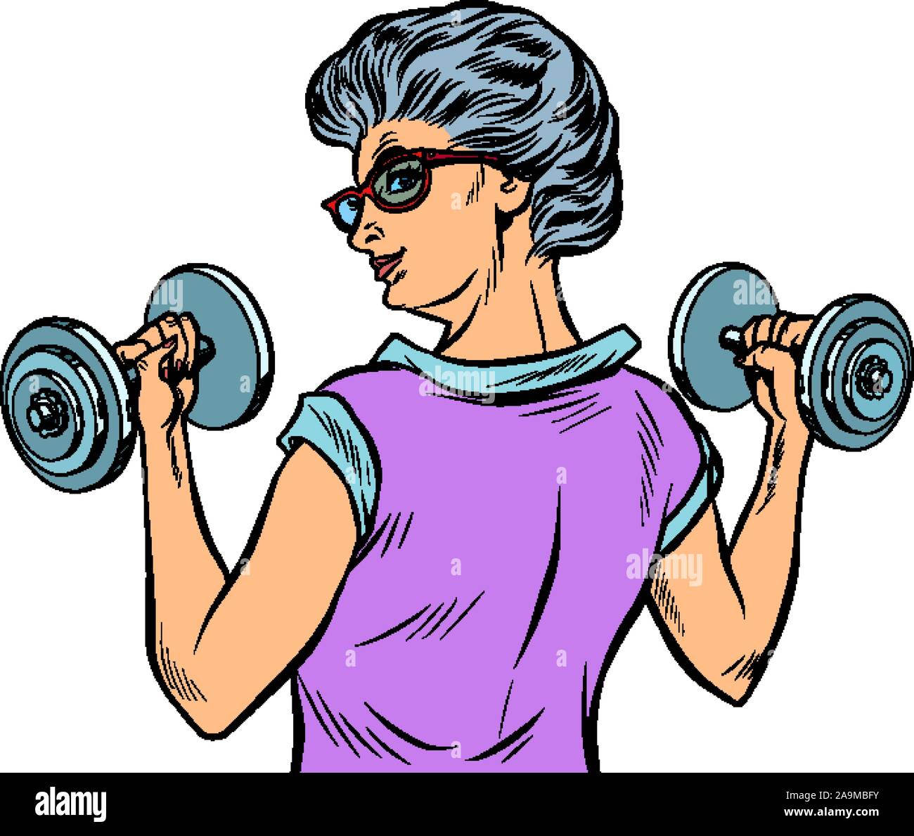 fitness dumbbells sport activity Woman grandmother pensioner elderly lady Stock Vector