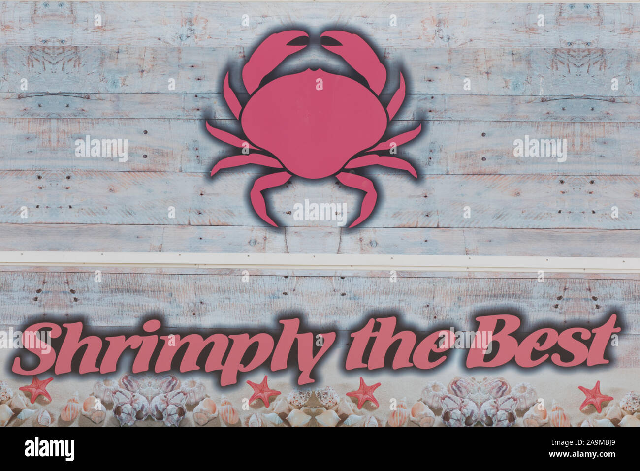 shrimply the best Shrimp hut sign on the beach at great yarmouth. Stock Photo