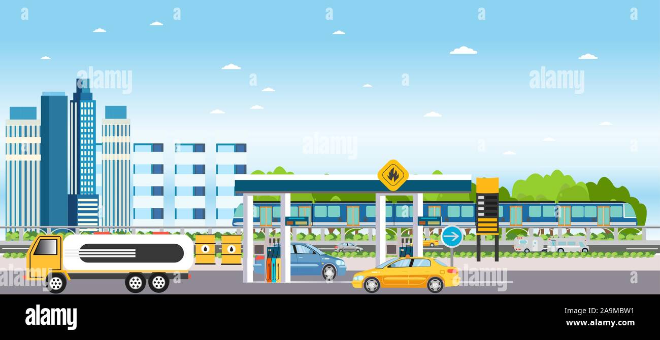 Vector of a modern city landscape with gas station and cars fueling, building houses, passing by metro train and skyline background Stock Vector
