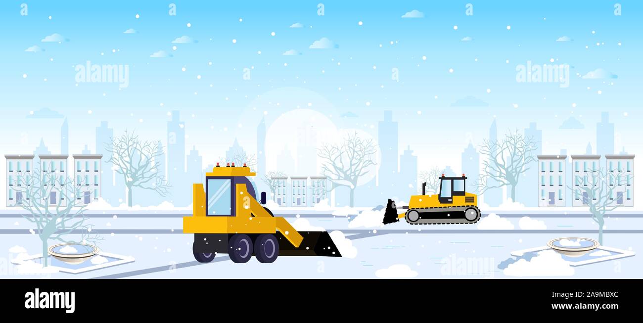 Vector of two snow plow tractors cleaning city winter streets after a snowstorm Stock Vector