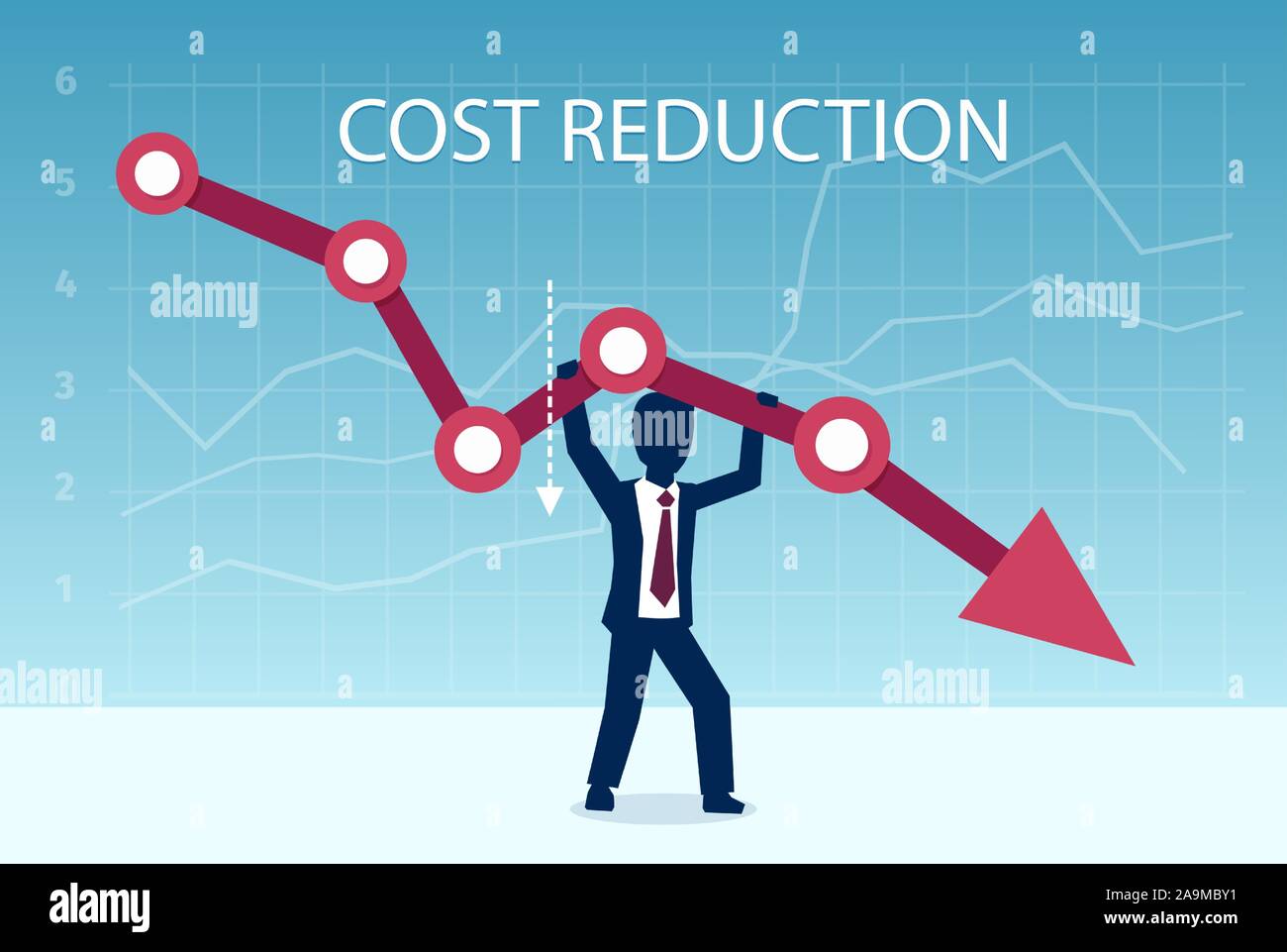 Cost reduction concept. Vector of a businessman pulling down an arrow of the graph. Stock Vector