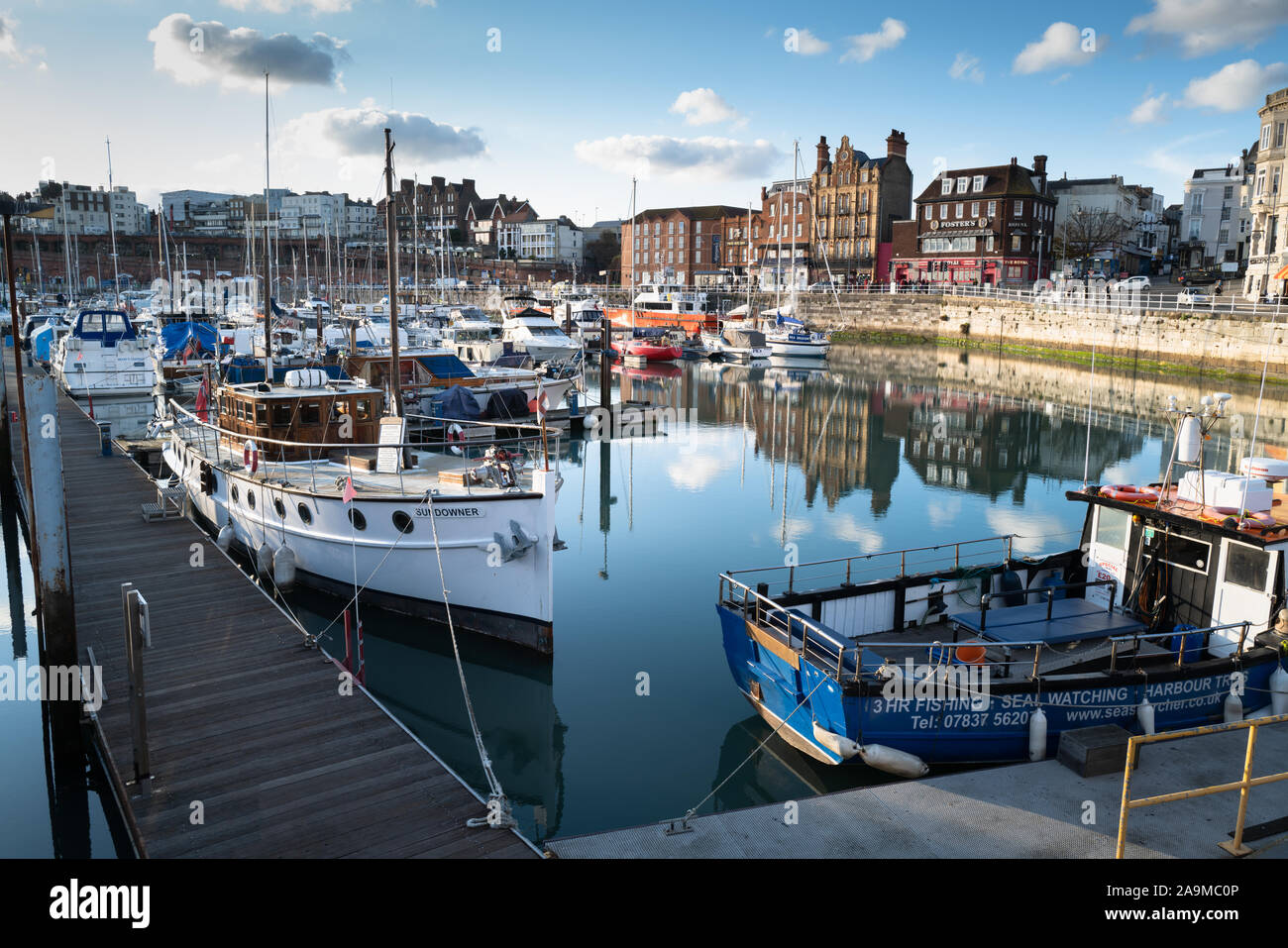 Ramsgate, England - Nov 10 'Sundowner' in Ramsgate Royal Harbour . This boat participated in the Dunkirk evacuation as one of the "little ships". Stock Photo