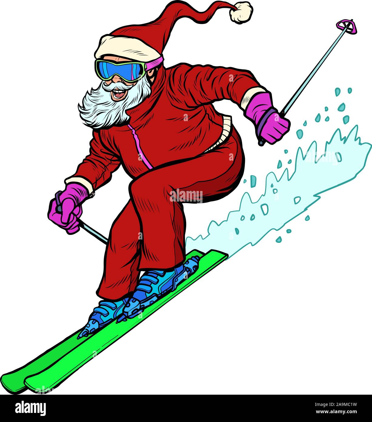 Santa Claus character goes skiing merry Christmas and happy new year Stock Vector