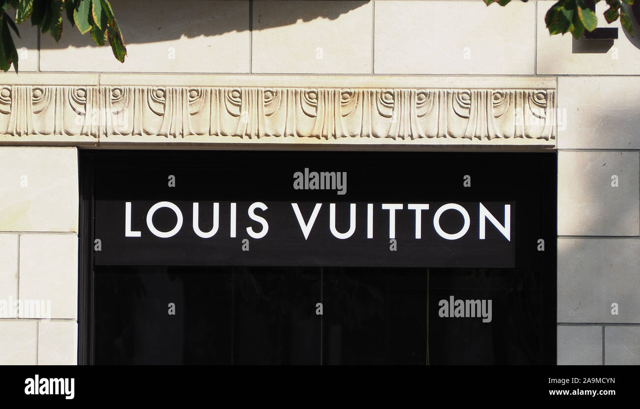 Düsseldorf, Germany - August 20, 2011: Louis Vuitton sign on the building  at Louis Vuitton store on Königsallee Stock Photo