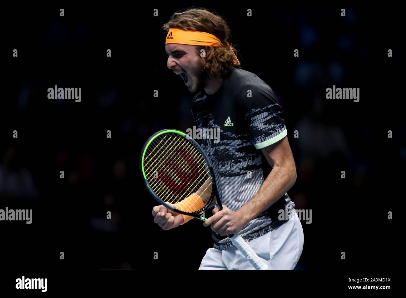 Arena. London, UK. 16th Nov, 2019. Nitto ATP Tennis Finals; Stefanos  Tsitsipas (Greece) celebrates as he breaks serve against Roger Federer  (Switzerland) in the second set - Editorial Use Credit: Action Plus