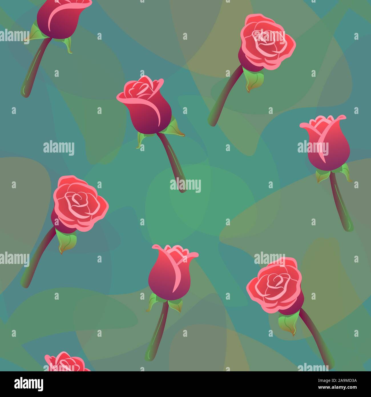 Red roses seamless pattern with color drops green background. Love, romantic, floral ornament. Wedding nature vector repeating print. Flower wallpaper, fashion textile texture. Watercolor light effect Stock Vector