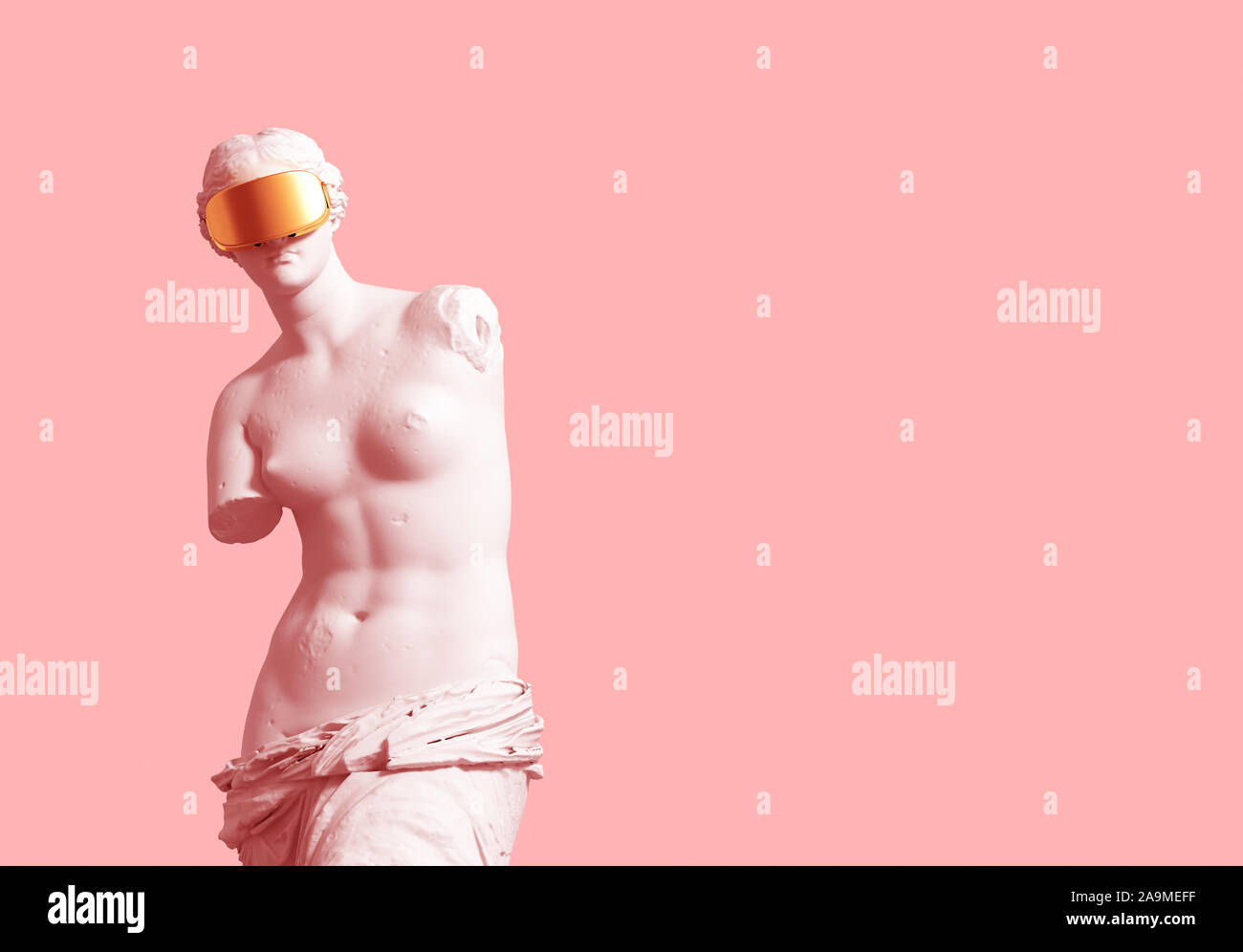 3D Model Aphrodite With Golden VR Glasses On Pink Background. 3D Illustration. Stock Photo