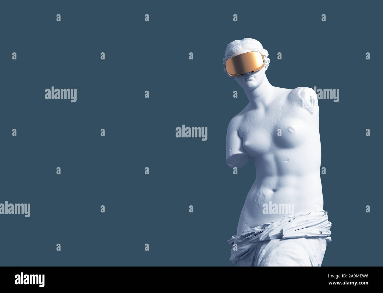 3D Model Aphrodite With Golden VR Glasses On Blue Background. Virtual Art Concept. 3D Illustration. Stock Photo