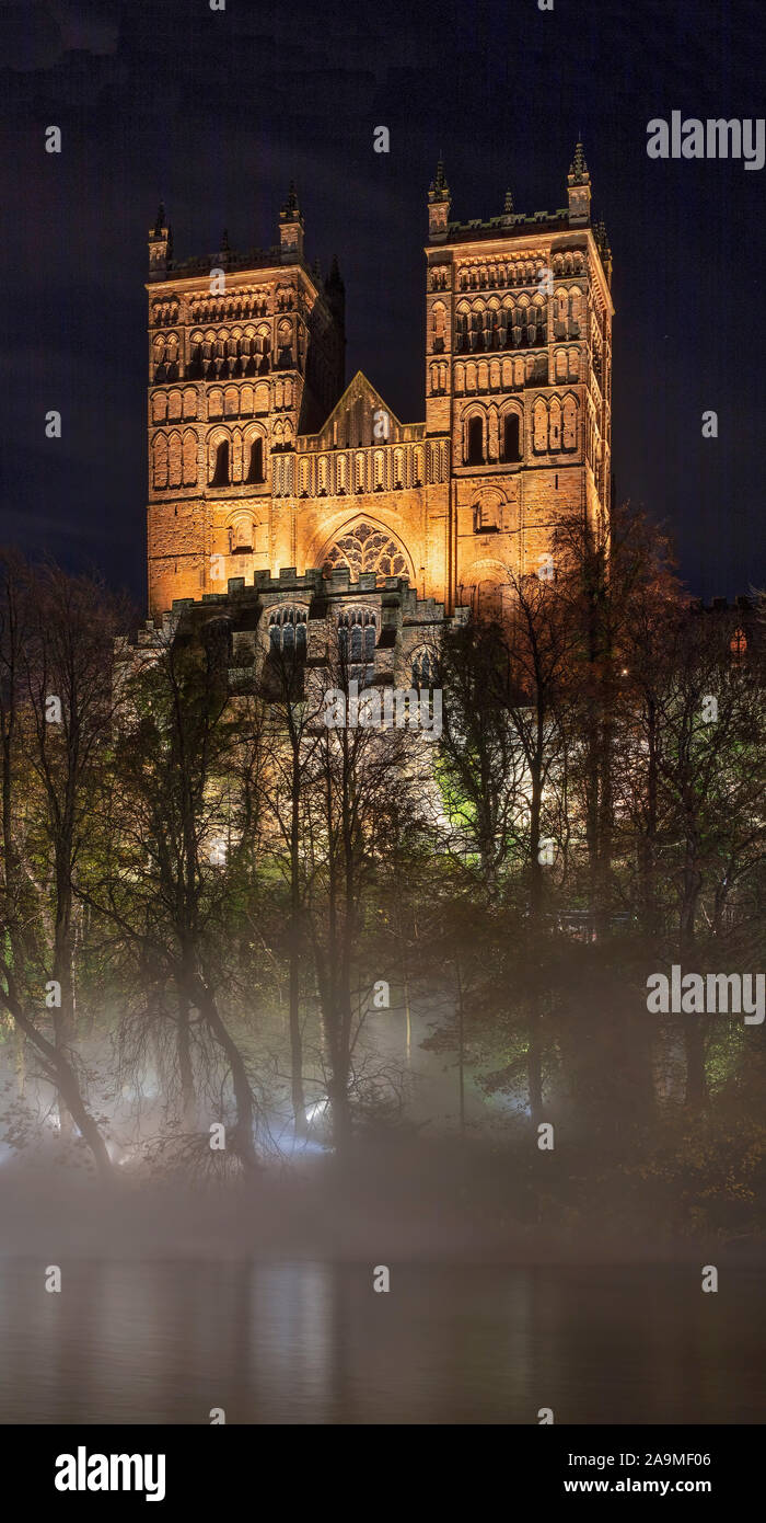 Durham Cathedral at night during Durham Lumiere 2019, Durham, County Durham, England, United Kingdom Stock Photo
